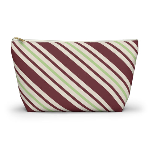 Burgundy Green Diagonal Striped Makeup Bag