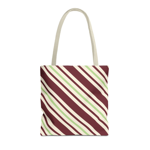 Burgundy Green Diagonal Striped Tote Bag