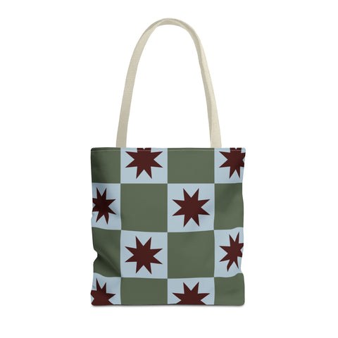 Green Blue Star Checkered Tote Bag