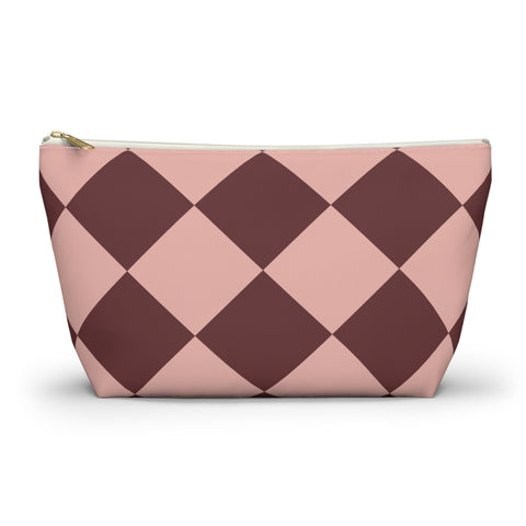Pink Burgundy Diamond Checkered Makeup Bag