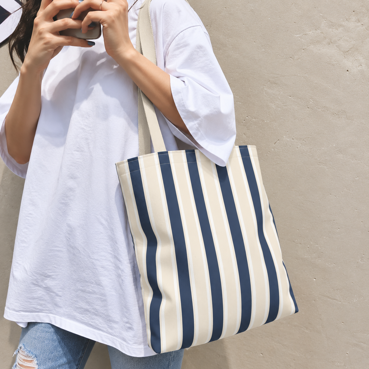 Navy Cream Striped Tote Bag