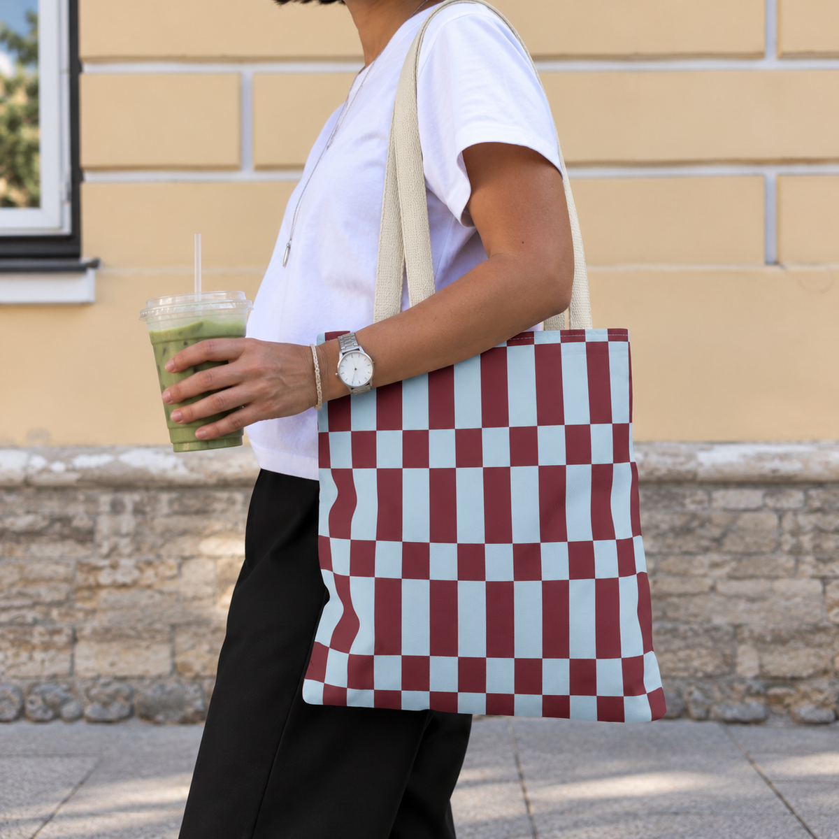 Blue Burgundy Checkerboard Tote Bag