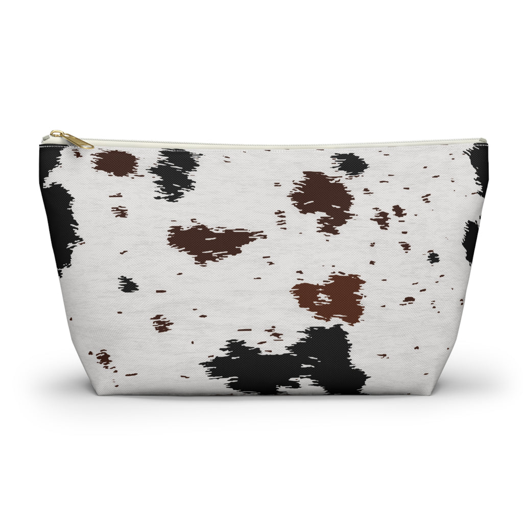 Black Brown Cow Print Makeup Bag with black and brown spots on white, front view