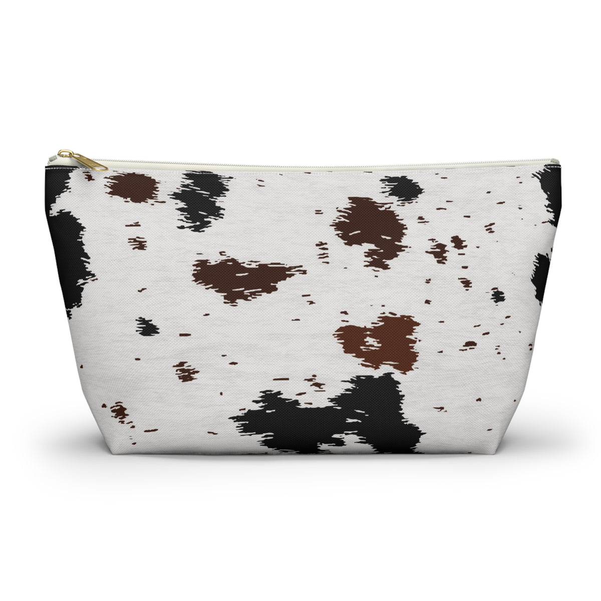 Black Brown Cow Print Makeup Bag with black and brown spots on white, front view