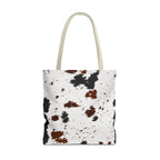 Black Brown Cow Print Tote Bag with black and brown spots on white, front view