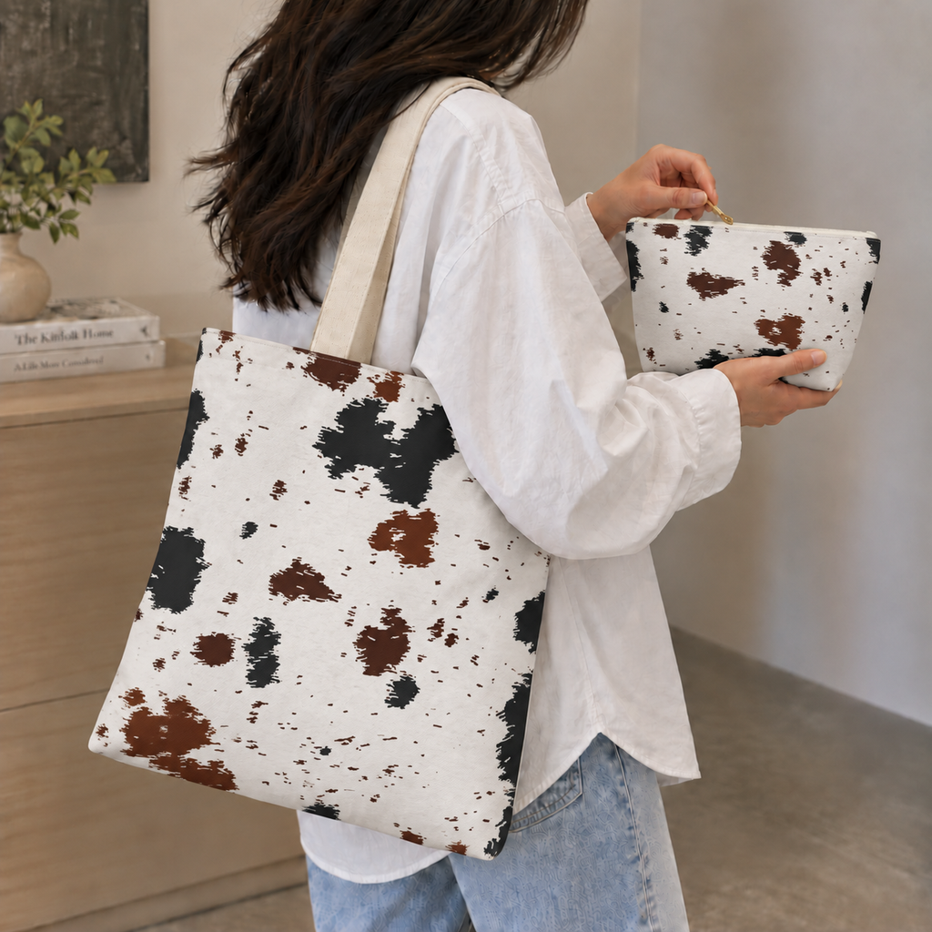 Model carrying the black brown cow print tote bag on her shoulder with the matching makeup bag in hand