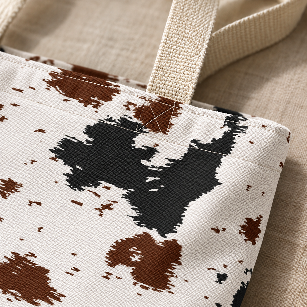Close-up of the black and brown cow print spots and cream handle of the tote bag