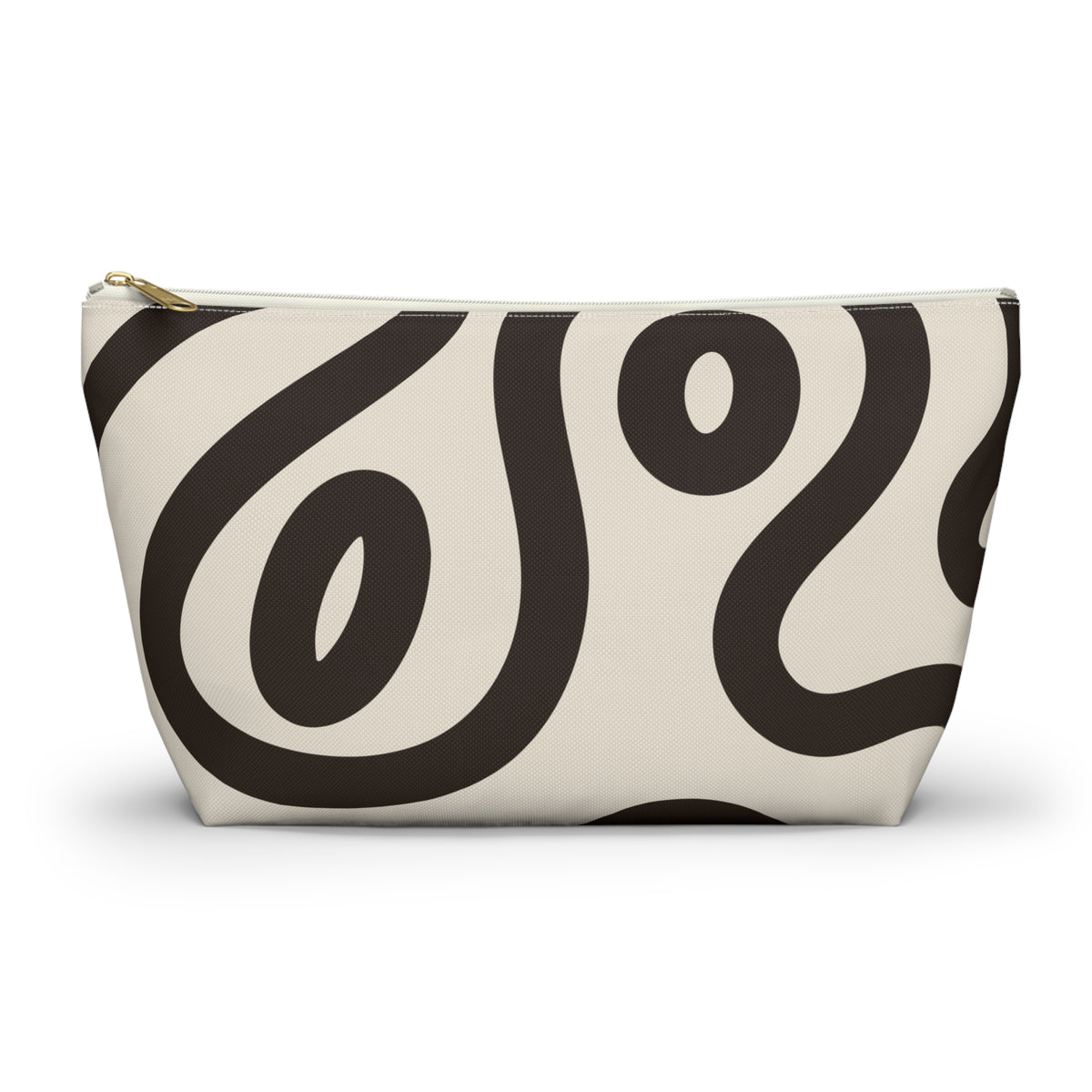 Black cream abstract makeup bag with T-bottom shape seen from the front