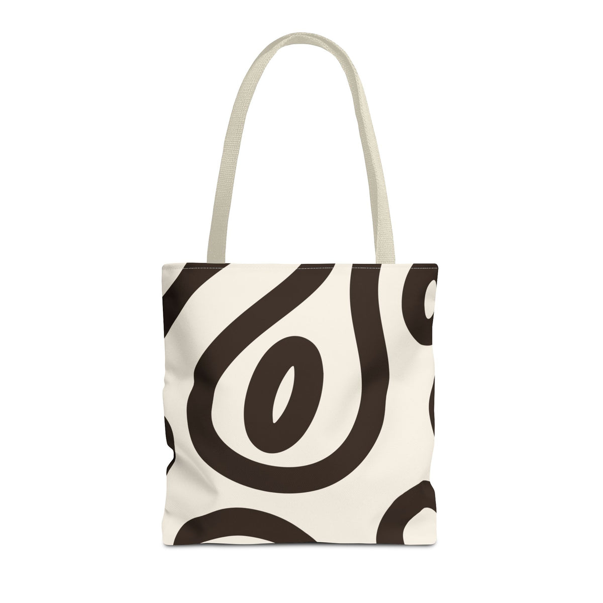 Black cream abstract tote bag with beige handles on a white background