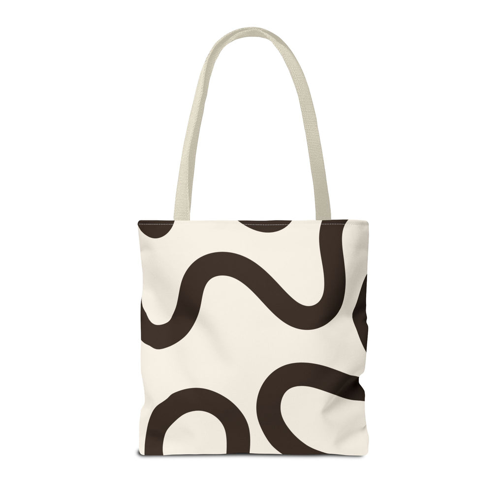 Second view of the black cream abstract tote bag showing the wavy loop print