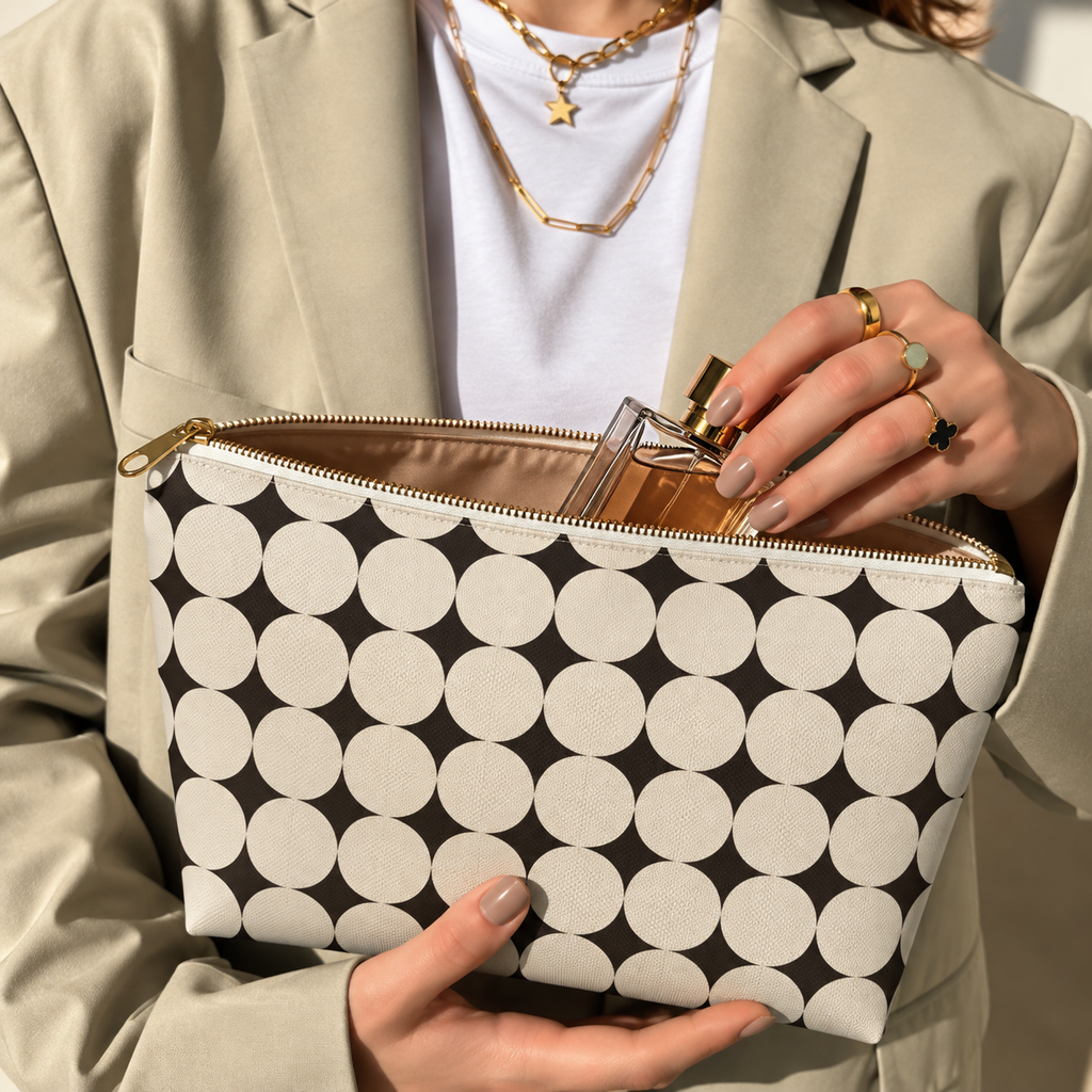 Hands holding the open Black Cream Geometric makeup bag filled with cosmetics