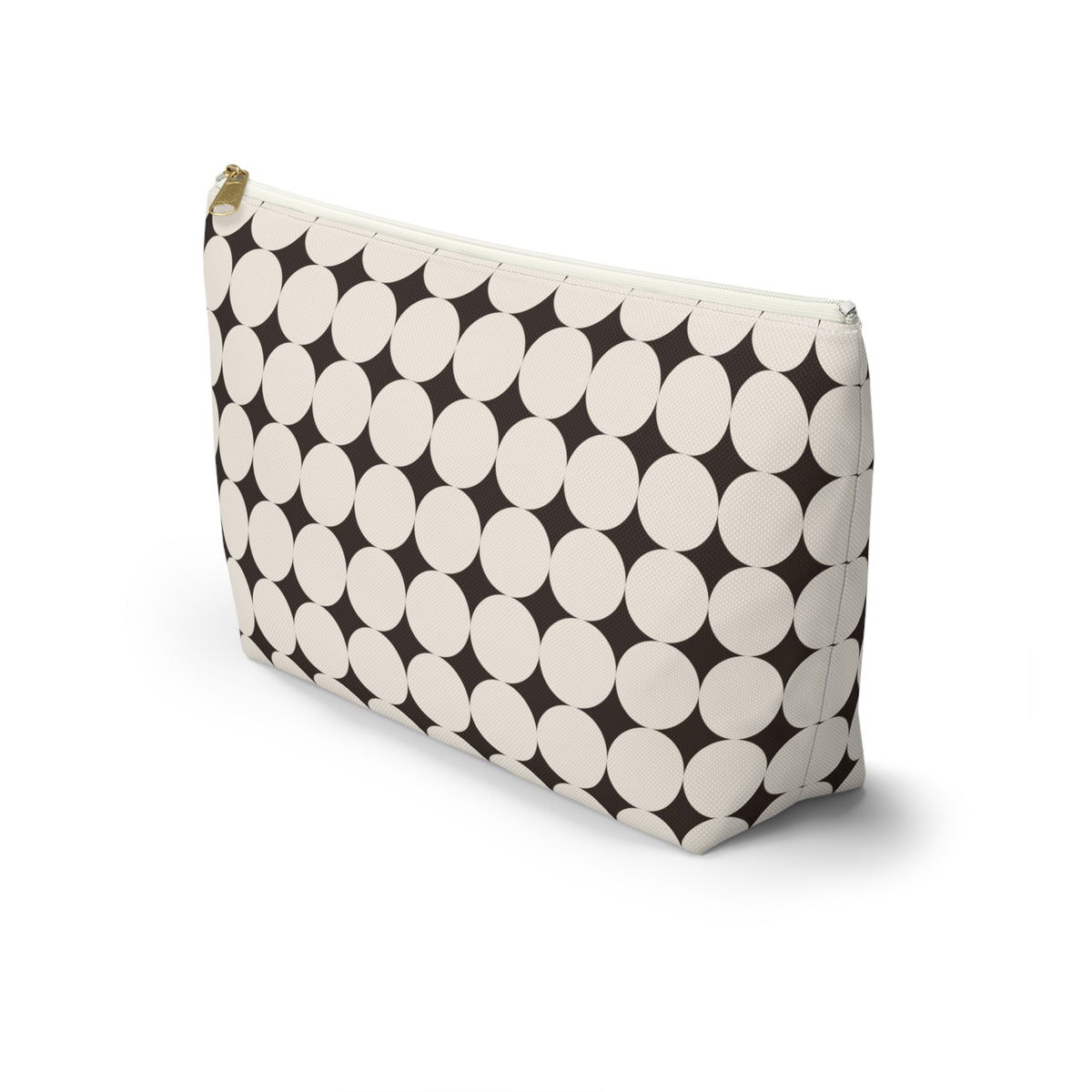 Side view of the Black Cream Geometric makeup bag