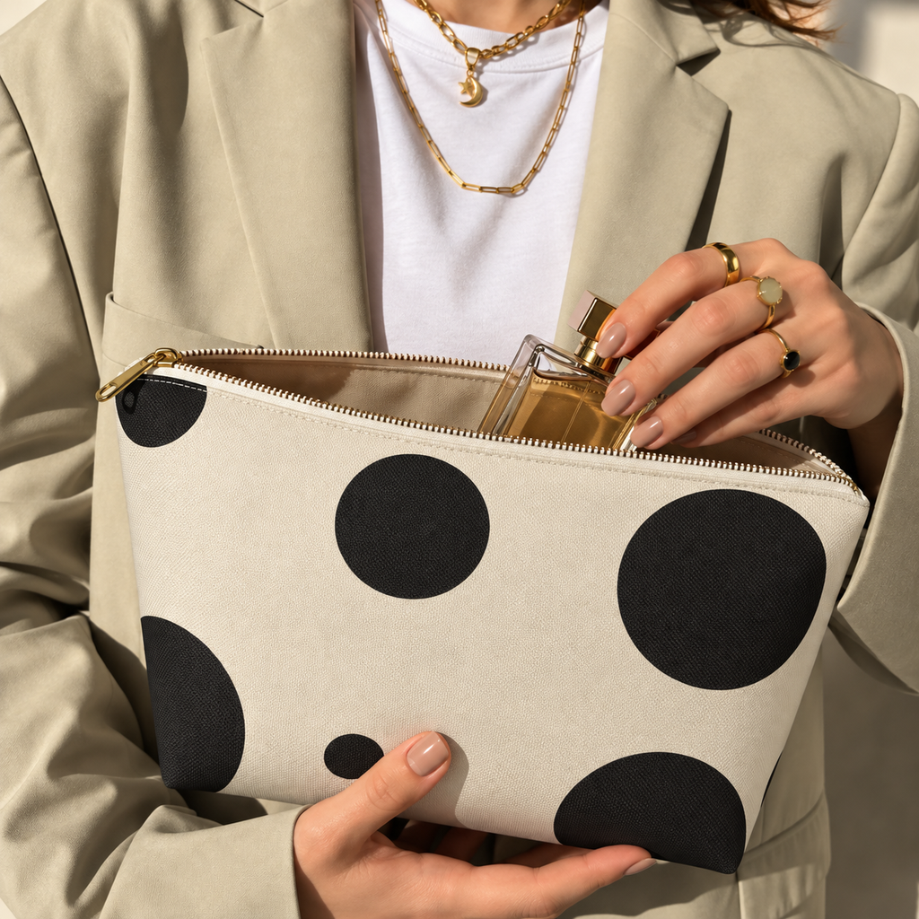 Woman opening the black cream polka dot makeup bag to take out a perfume bottle
