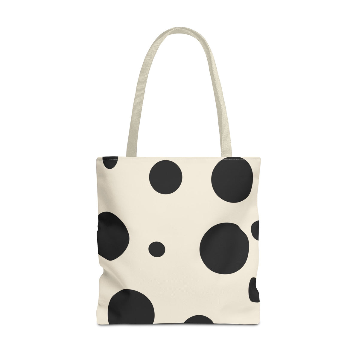 Black Cream Polka Dot Tote Bag with large black dots on a cream background, front view