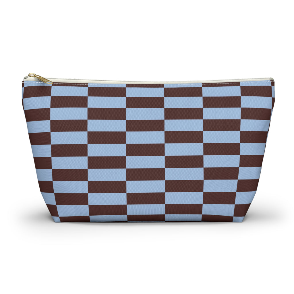 Blue brown brick makeup bag with T-bottom shape seen from the front