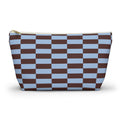 Blue brown brick makeup bag with T-bottom shape seen from the front