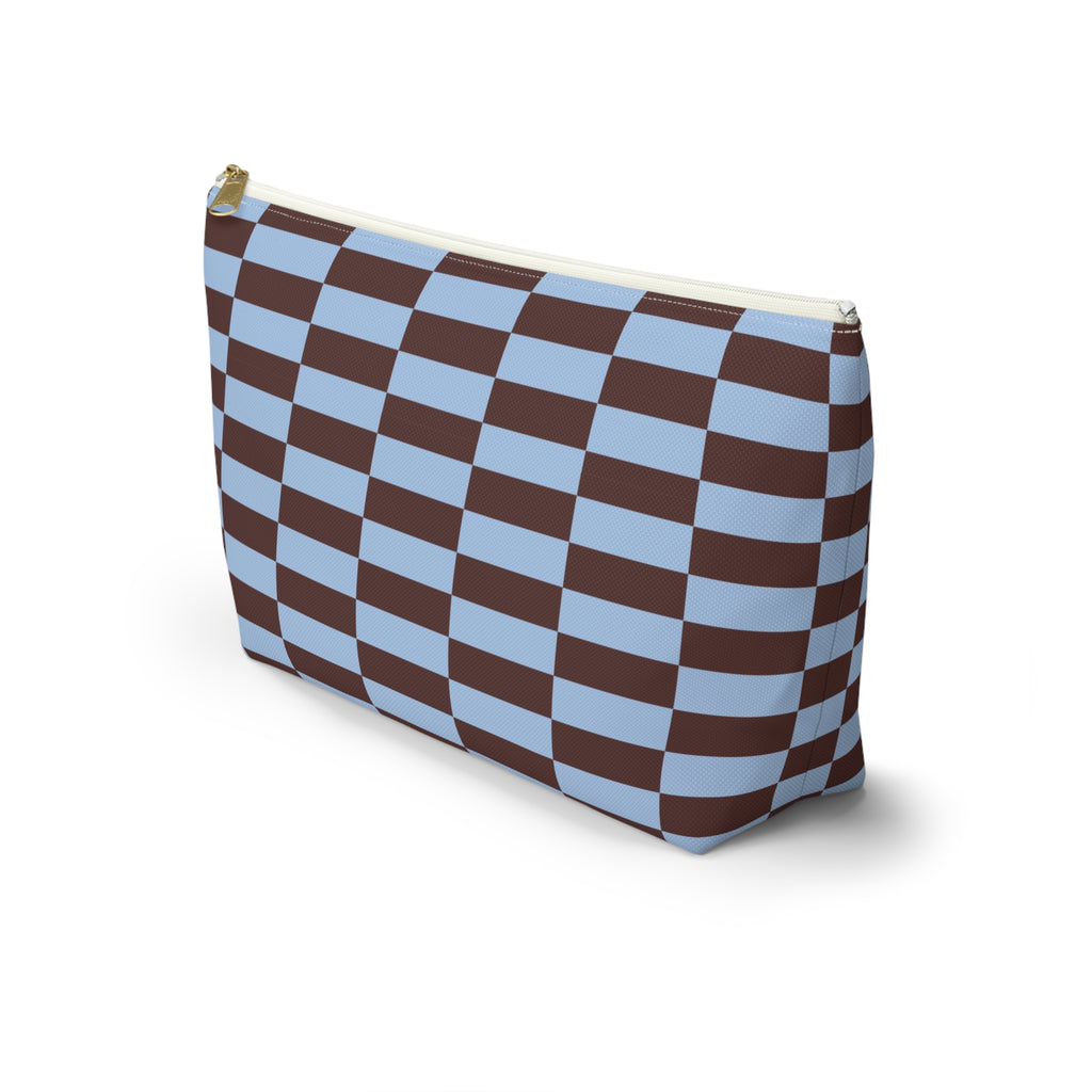 Side view of the blue brown brick makeup bag
