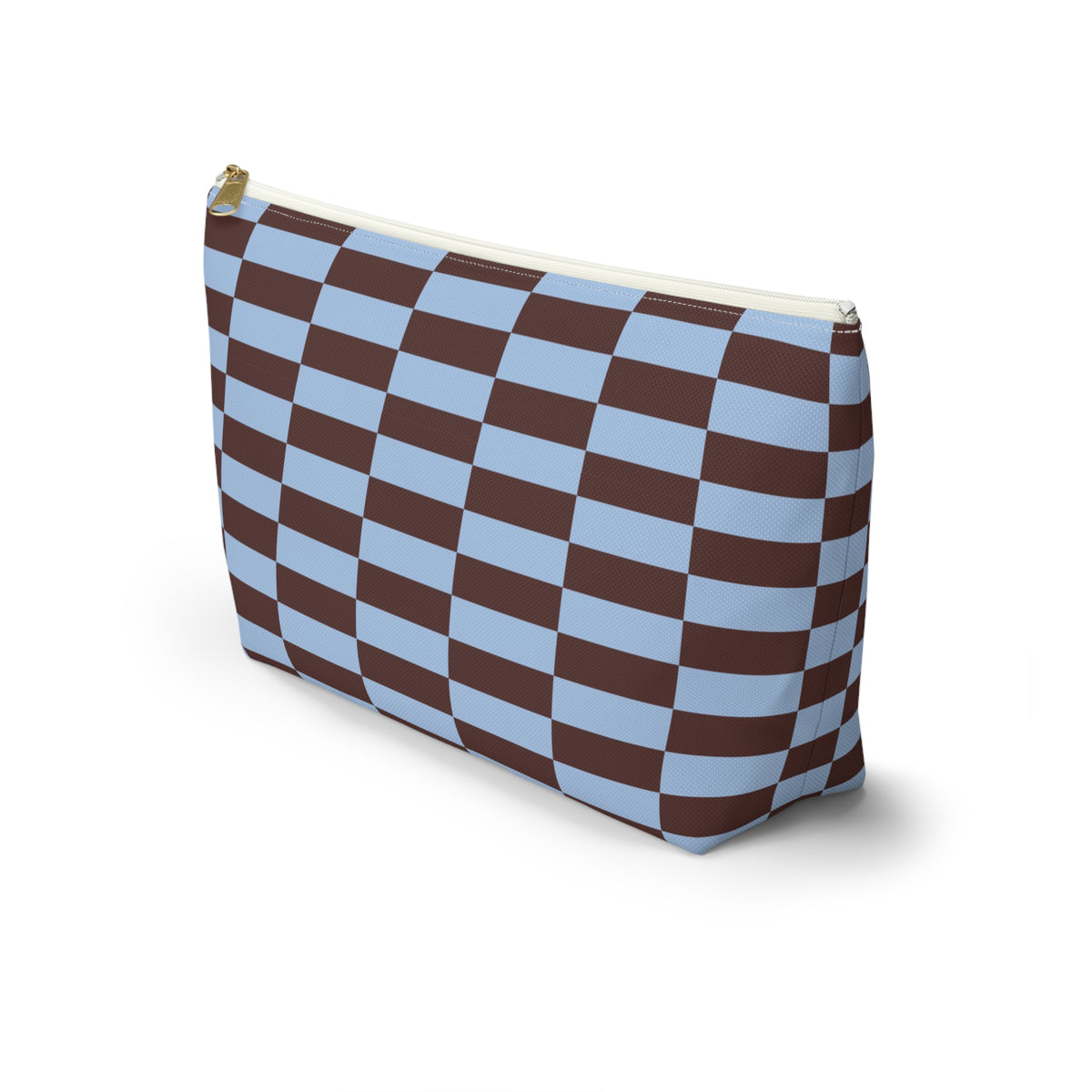Side view of the blue brown brick makeup bag