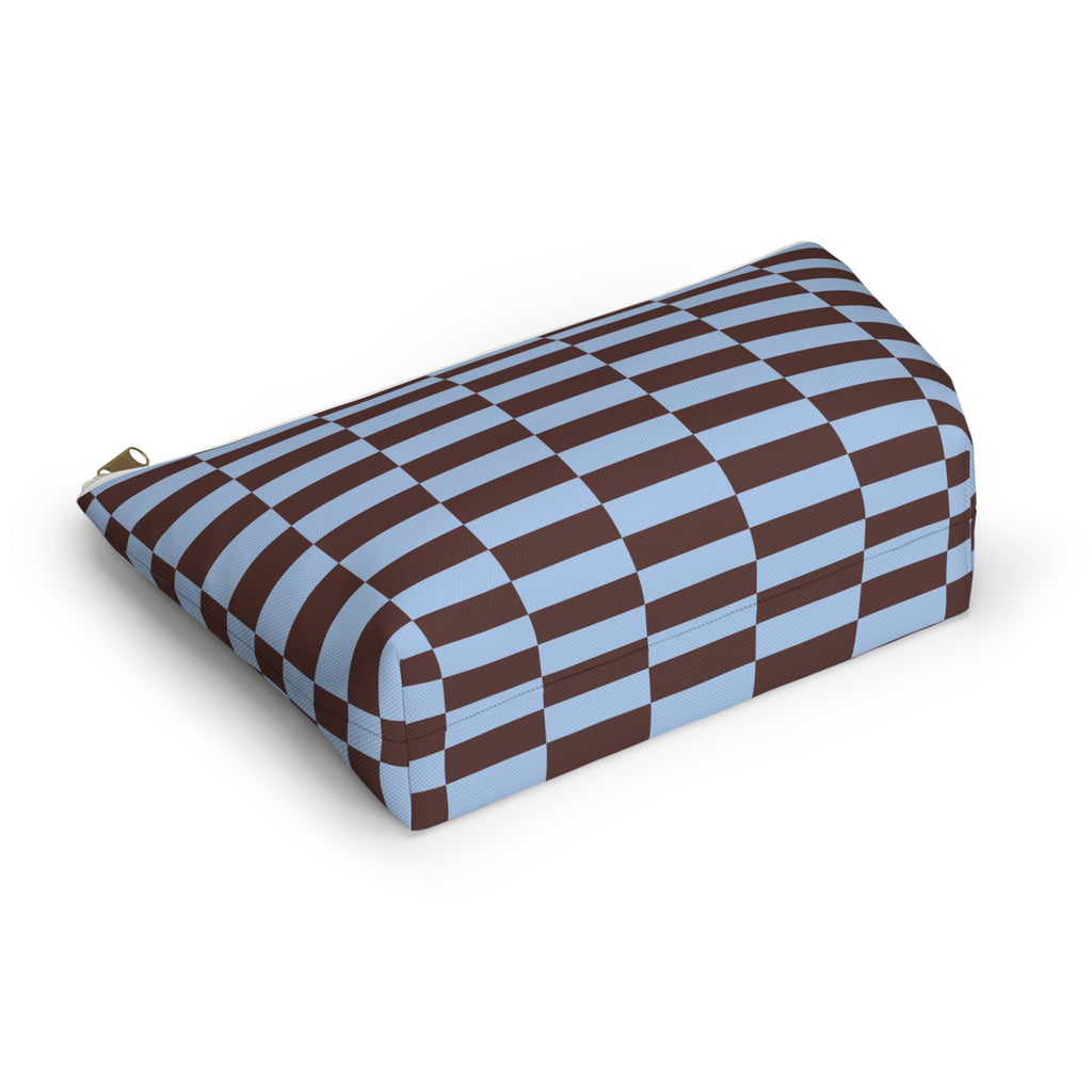 Blue brown brick makeup bag lying flat at an angle