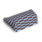 Blue brown brick makeup bag lying flat at an angle