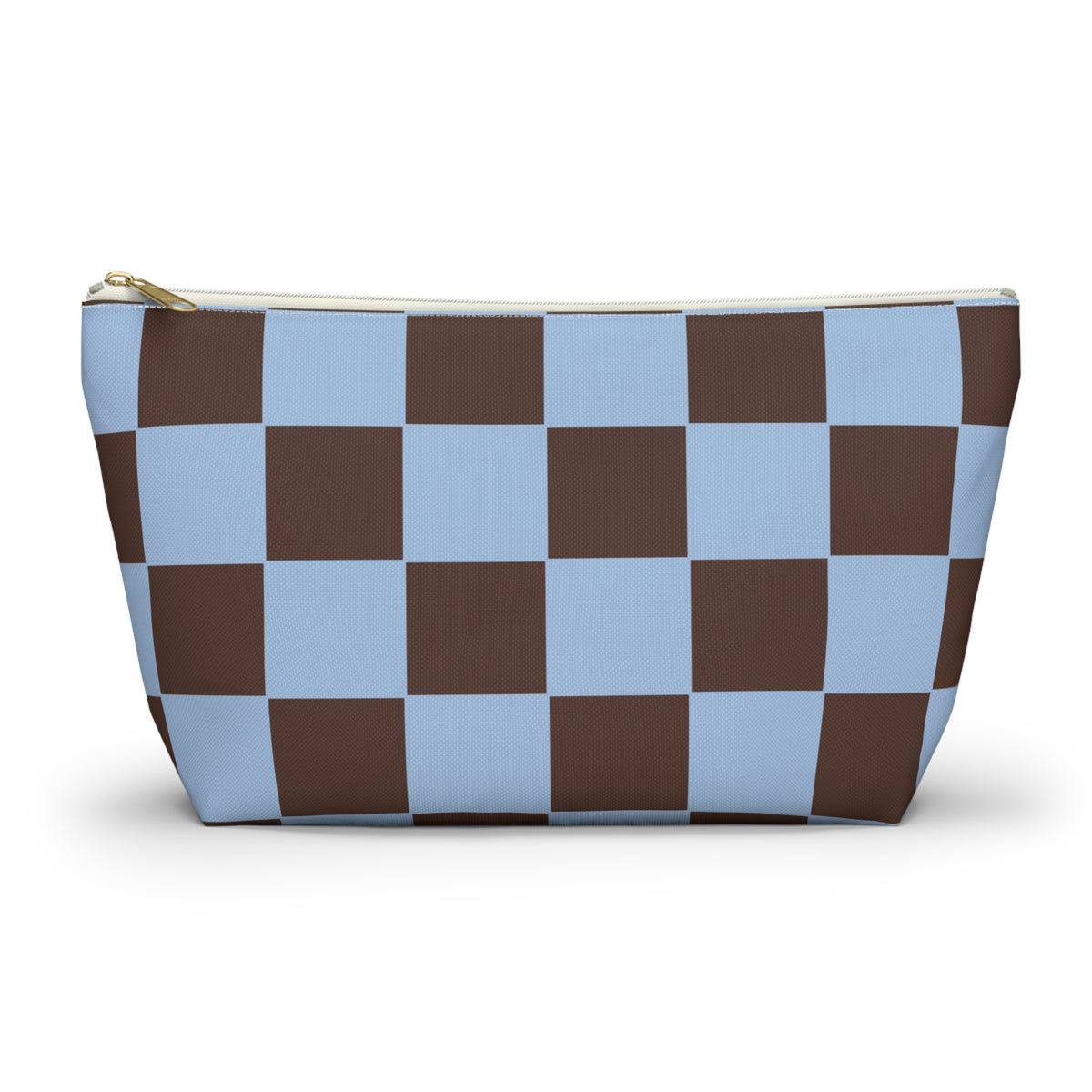 Blue brown checkered makeup bag with T-bottom shape seen from the front