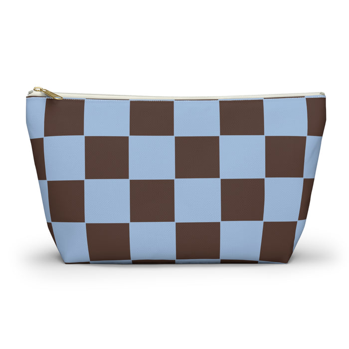 Blue Brown Checkered Makeup Bag
