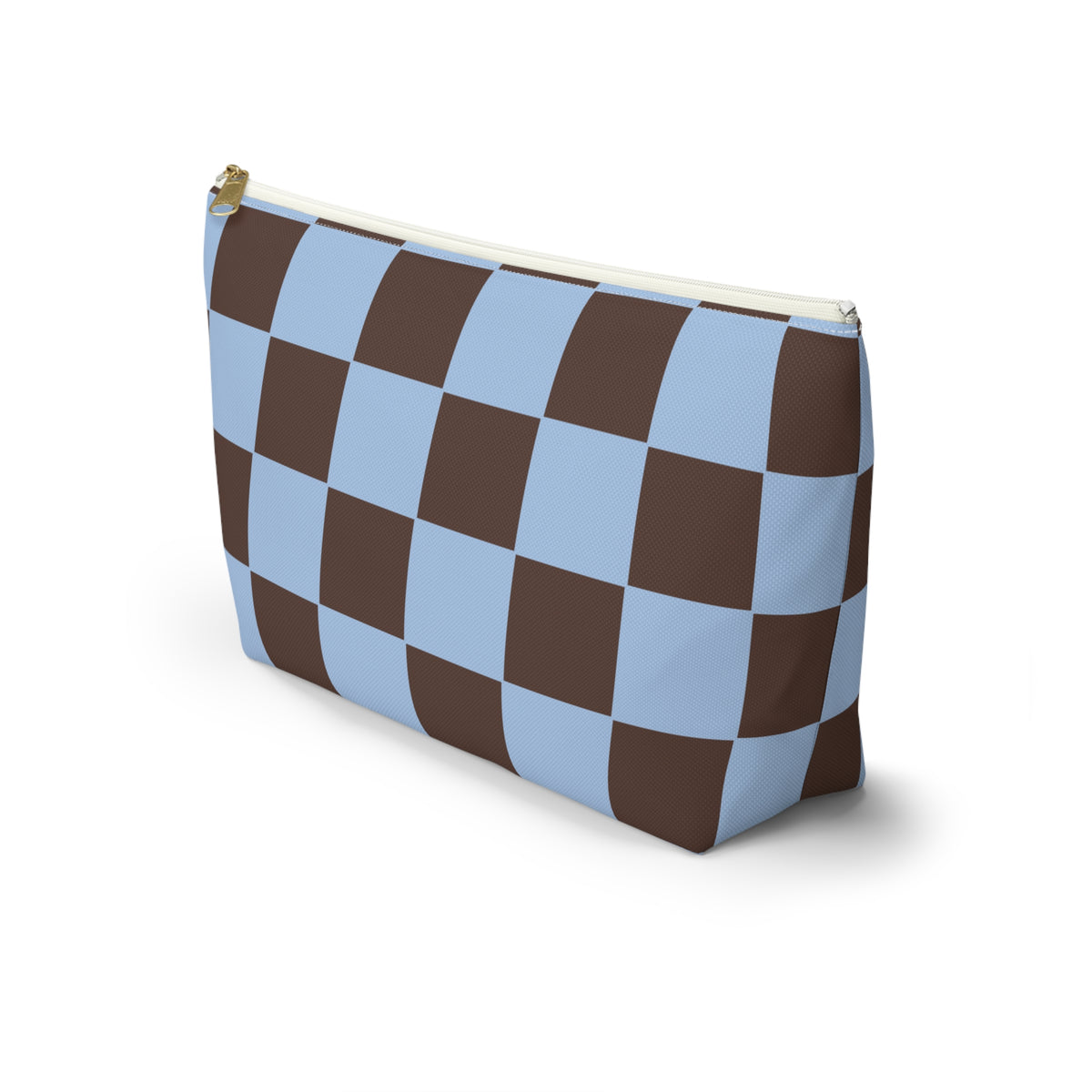 Side view of the blue brown checkered makeup bag