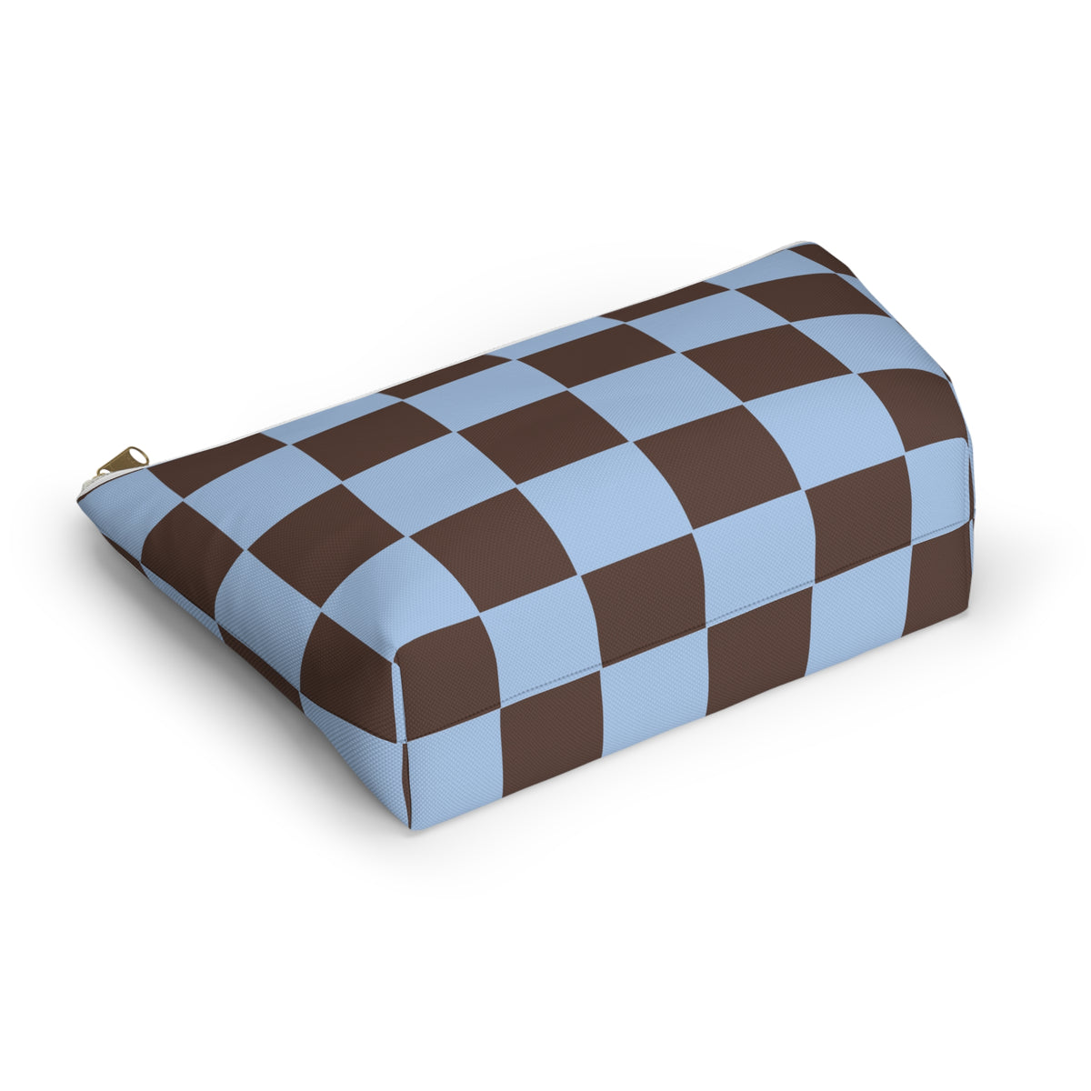 Blue brown checkered makeup bag lying flat at an angle