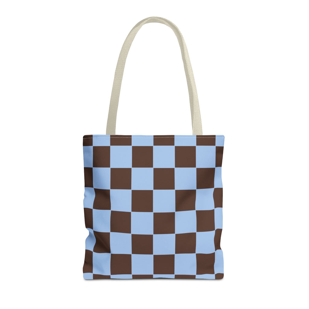 Blue brown checkered tote bag with beige handles on a white background
