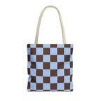 Blue brown checkered tote bag with beige handles on a white background