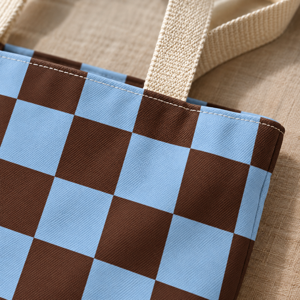 Close-up of the light blue and brown checkerboard print and beige handle of the tote bag