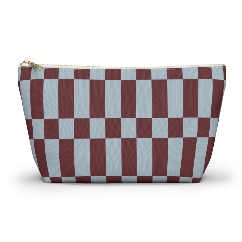 Blue burgundy checkerboard makeup bag with T-bottom and gold zipper pull, front view