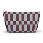 Blue burgundy checkerboard makeup bag with T-bottom and gold zipper pull, front view