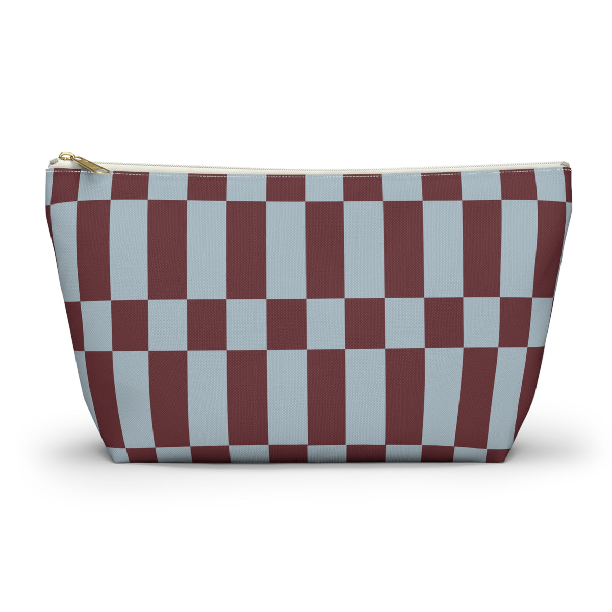 Blue burgundy checkerboard makeup bag with T-bottom and gold zipper pull, front view