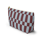 Side view of the blue burgundy checkerboard makeup bag standing on a white background