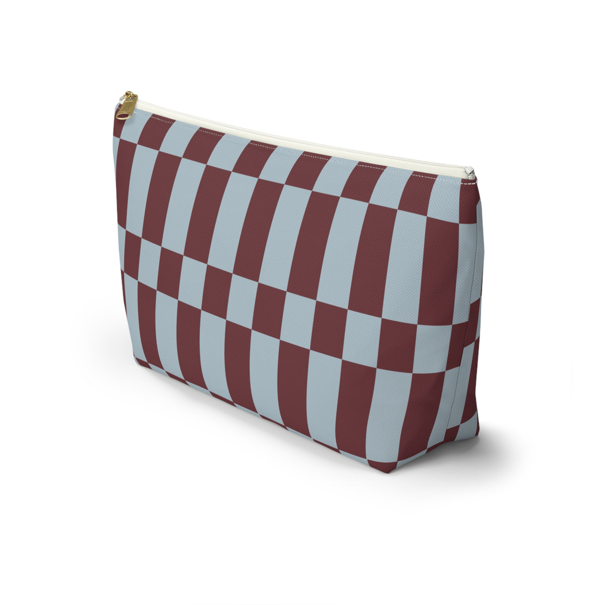 Side view of the blue burgundy checkerboard makeup bag standing on a white background