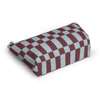 Blue burgundy checkerboard makeup bag lying on its side showing the checkered pattern
