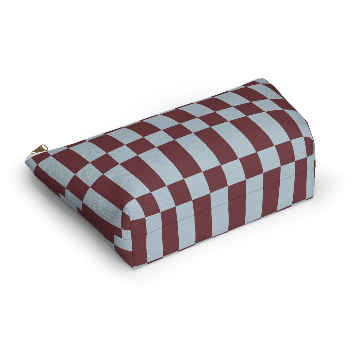 Blue burgundy checkerboard makeup bag lying on its side showing the checkered pattern