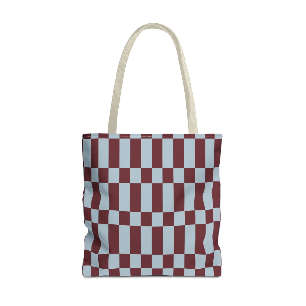Blue burgundy checkerboard tote bag with beige handles, front view on white background