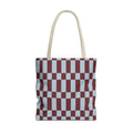 Blue burgundy checkerboard tote bag with beige handles, front view on white background