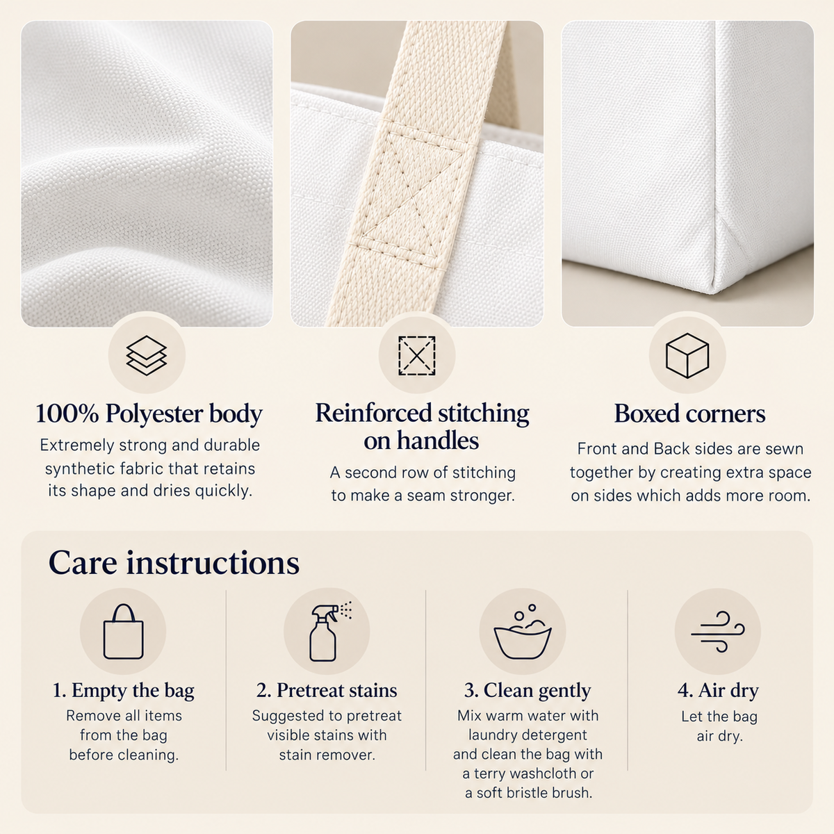 Features and care instructions infographic for the blue burgundy checkerboard tote bag