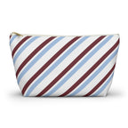 Blue burgundy diagonal striped makeup bag with T-bottom and gold zipper pull, front view