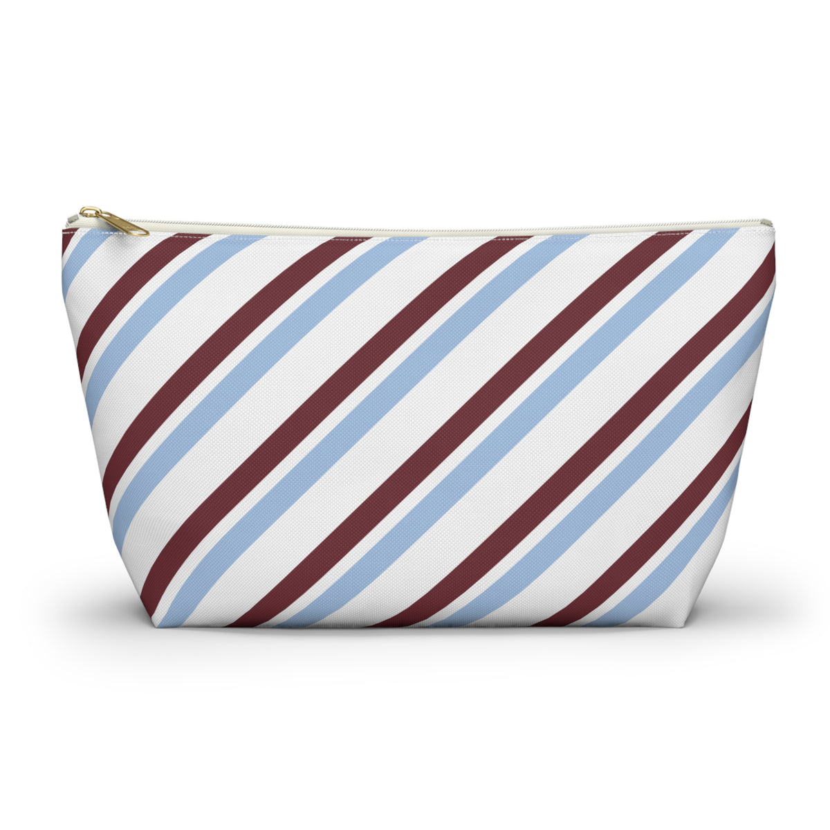 Blue burgundy diagonal striped makeup bag with T-bottom and gold zipper pull, front view