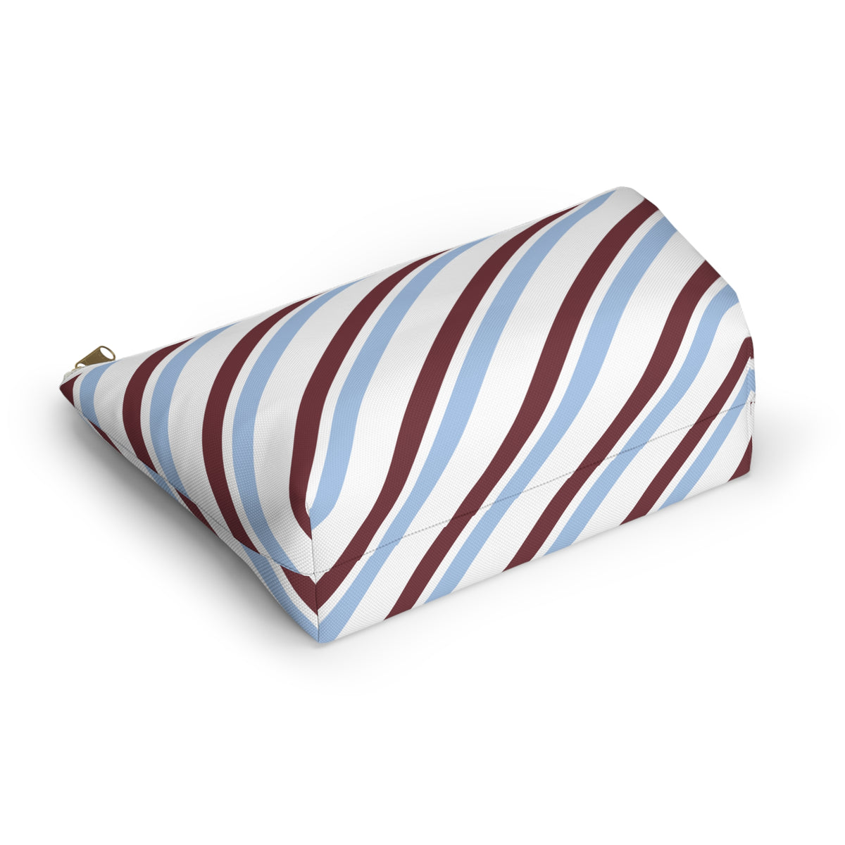 Blue burgundy diagonal striped makeup bag lying on its side showing the stripe pattern