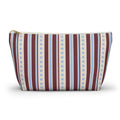 Blue burgundy dot striped makeup bag with T-bottom and gold zipper pull, front view