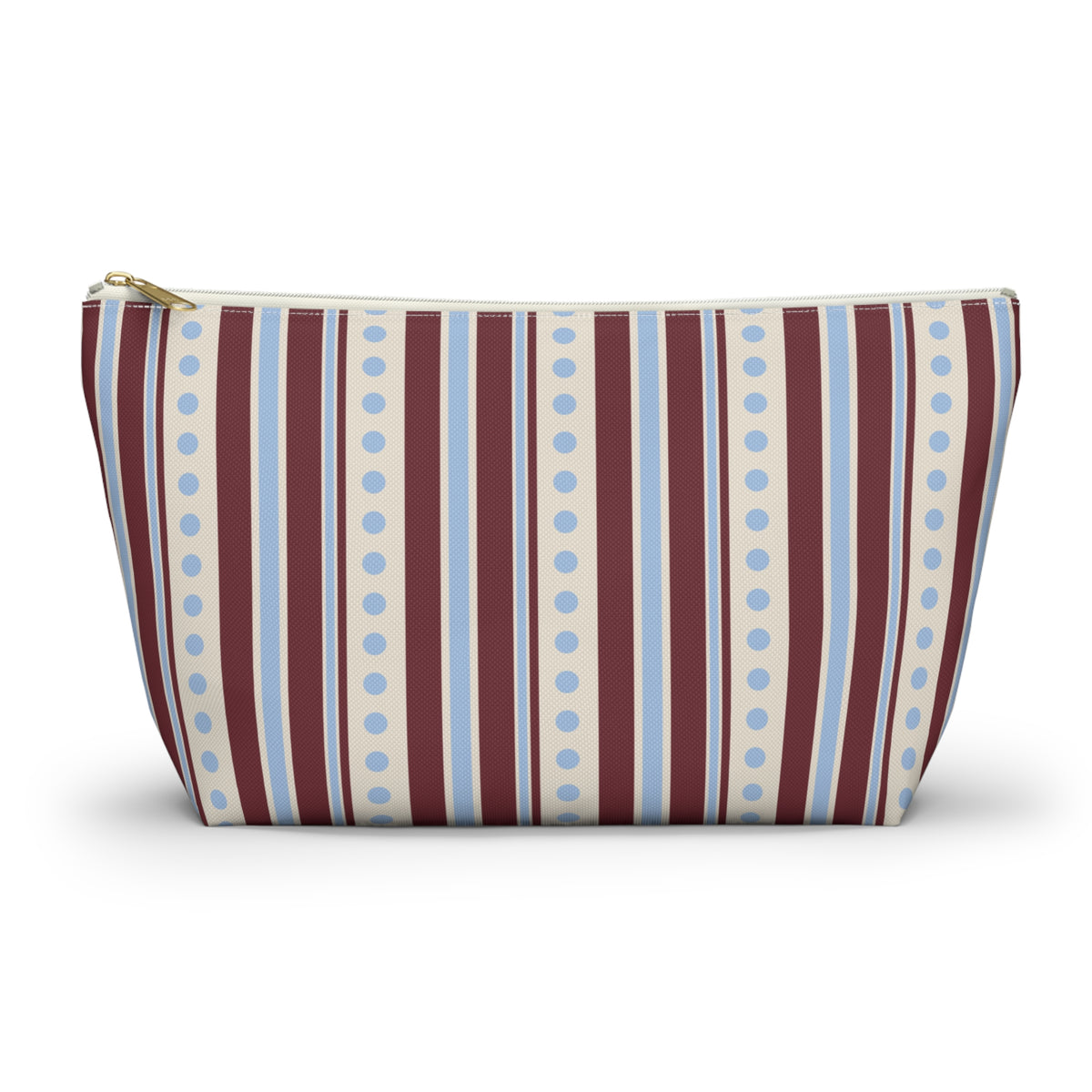 Blue burgundy dot striped makeup bag with T-bottom and gold zipper pull, front view