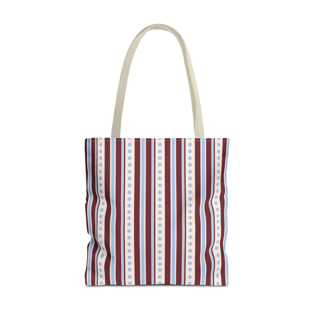 Blue burgundy dot striped tote bag with beige handles, front view on white background