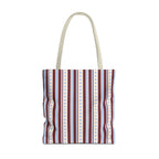 Blue burgundy dot striped tote bag with beige handles, front view on white background