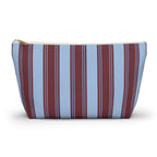 Blue burgundy striped makeup bag with gold zipper pull, front view