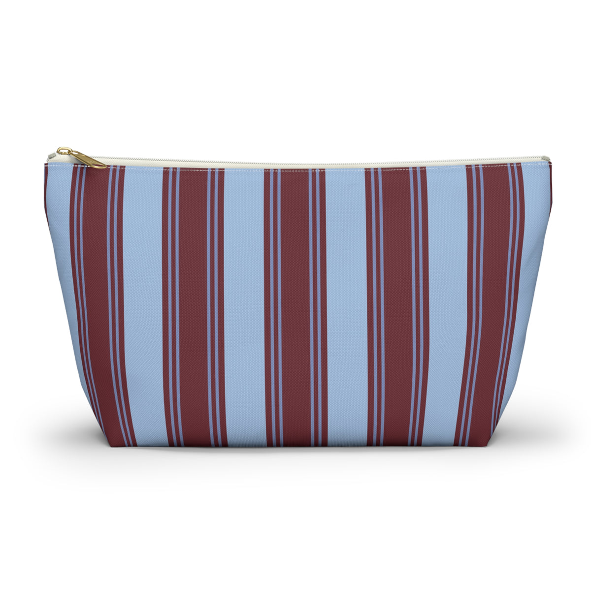 Blue burgundy striped makeup bag with gold zipper pull, front view
